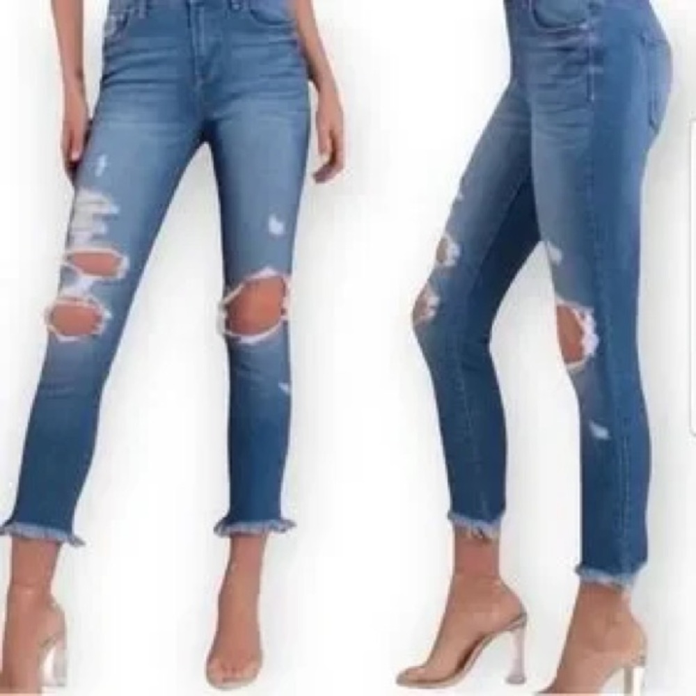 Pistola “Monroe” High Rise Skinny Jeans With Ripped Knees And Raw Hem Size 26